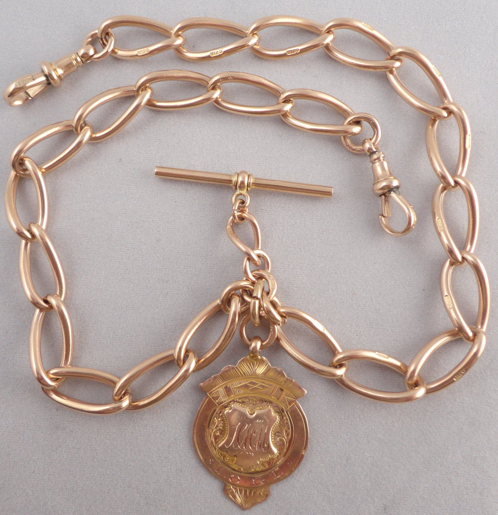 Antique 9ct rose gold double albert watch guard chain Weighs 53 grams
